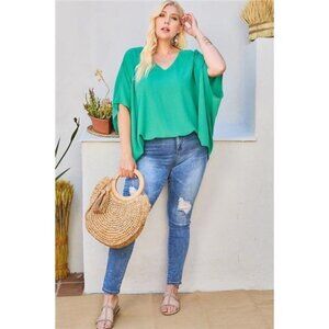 Jade -V Neck Dolman Sleeves Front Waist Elastic Solid Women's Blouse